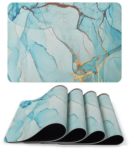 fanquare Großes Platzset, Leder Esszimmer-Tischsets 4er-Set, waschbar, rutschfest, 43x30cm, Blaues Marmor-Muster, Indoor-Tischsets für Küche und Esstisch