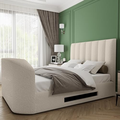 Flair Furnishings - Ottoman Bed, Double Side Lift TV Bed, Cream Double Bed with Storage Underneath, Luxurious Boucle, Elegant and Refined