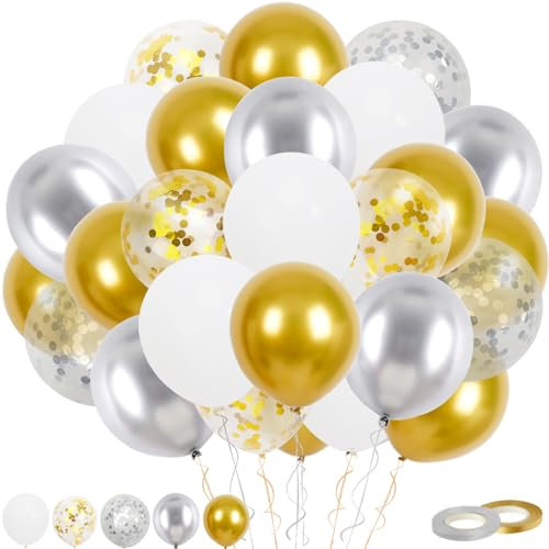 60 Stück Gold Silber Ballons, 12 Zoll Metallic Gold Silber Konfetti Ballons und Weiße Latex Luftballons mit Band für Geburtstag Hochzeit Kinder Baby Shower Party Dekoratione