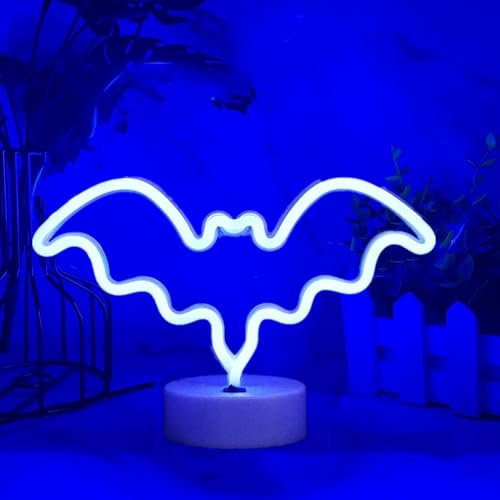HFHungkeong LED Neonschild Blau Bat, Batterie/USB Betrieben Neonlampe in Fledermausform mit Sockel für Schlafzimmer, Bar, Büro, Schreibtisch, Halloween-Dekoration (28 x 10 x 18 cm/11 x 3,9 x 7 Zoll)
