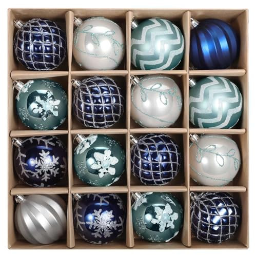 SVNVIOZ Winter Wishes Silver and Blue Christmas Baubles, 16pc 8cm Shatterproof Christmas Balls for Xmas Tree Decoration