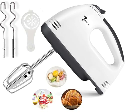 WAVATA Handmixer 260 W sieben Geschwindigkeiten einstellbar elektrischer Mixer mit Knethaken und Rührbesen weiß