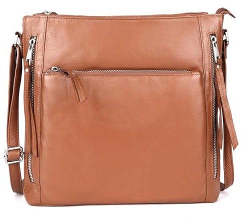 LEDERBUCK Grace Soft Napa Umhängetasche aus echtem Leder, groß, Doppelreißverschluss, hochwertige Schultertasche, Crossover-Umhängetasche für Damen, Cognac