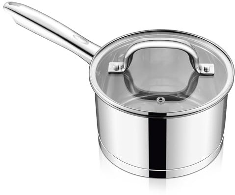 Homikit 18cm Stielkasserolle, 2,8l Edelstahl Milchtopf Kasserolle mit Glasdeckel, Kochtopf Induktion mit 3-Lagen Boden für alle Herdarten, Geeignet für Kochen, Ungestrichen & Spülmaschinenfest