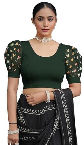 Jaanvi fashion Chemisier sari extensible à col rond en lycra avec manches bouffantes pour femme, vert bouteille, M