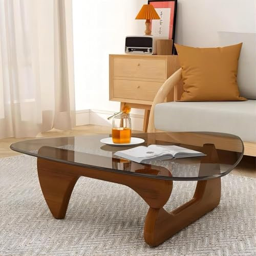 Table Basse en Verre Triangle Table Basse Moderne du Milieu du siècle Tables Basses pour Salon Verre trempé Robuste Design à la Mode Petite Table Basse Base en Bois pour Salon Bureau à domic(Brown,114