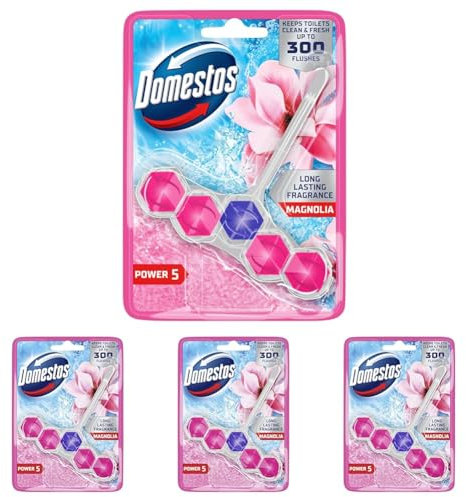 Domestos Power 5 Magnolia Toilet Rim Block toilet freshener with a long-lasting fragrance cleans and freshens for up to 300 flushes 50 g (Pack of 4)
