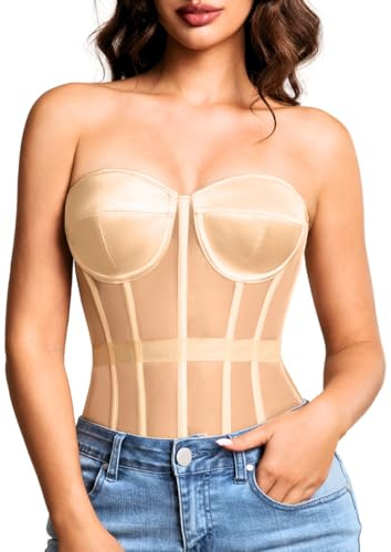 Kaei&Shi Women's Strapless Mesh Corset Top, Lace-Up Bustier Nude 4XL