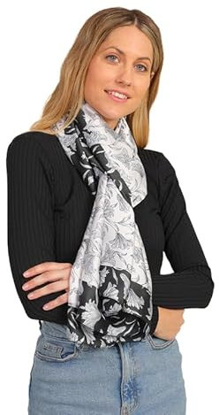 Trillion London® Seidenschal für Damen | Leichter Damenschal | Tuch & Stola | Kopftuch | Geschenkidee für Frauen | Designer-Prints | Für den Alltag | Glatt & Weich | Blumenmuster | Schwarz & Weiß