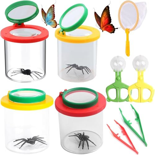 Mockotta 9 Stück Becherlupen Für Kinder,Lupenglas Für Kinder,Becherlupe,Lupenglas mit 4 Lupendose,1 Insektenfänger,2 Pinzette und 2 Insektenfänger Scherenzange,für Outdoor Wissenschaft Natur Erkundung