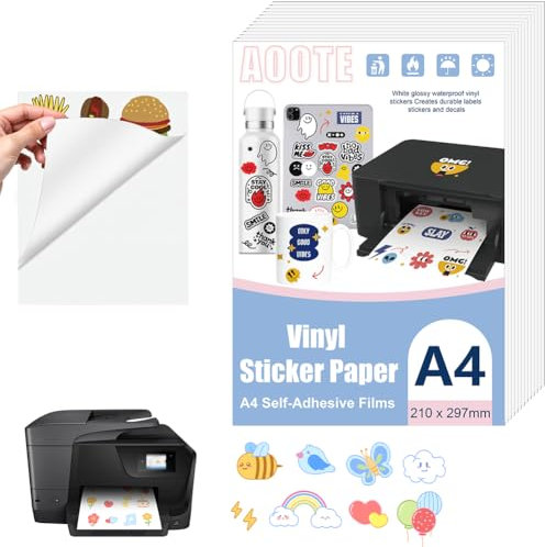 AOOTE Papel Adhesivo de Vinilo Blanco Imprimible,12 Hojas Vinilo Adhesivo Imprimible A4 Impermeable,Secado Rápido,A4 Vinilo Imprimible Etiqueta para Impresoras Láser & de Inyección de Tinta,297x210mm