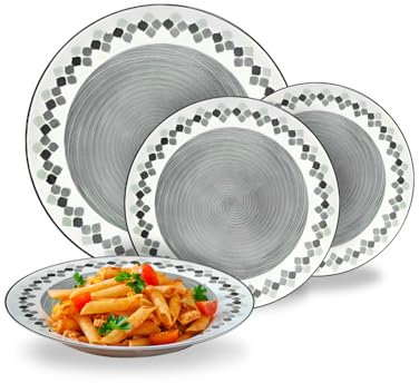Avilia Platos – Juego de platos modernos de 18 piezas de porcelana con decoración Kalos Gris, servicio elegante para 6 personas