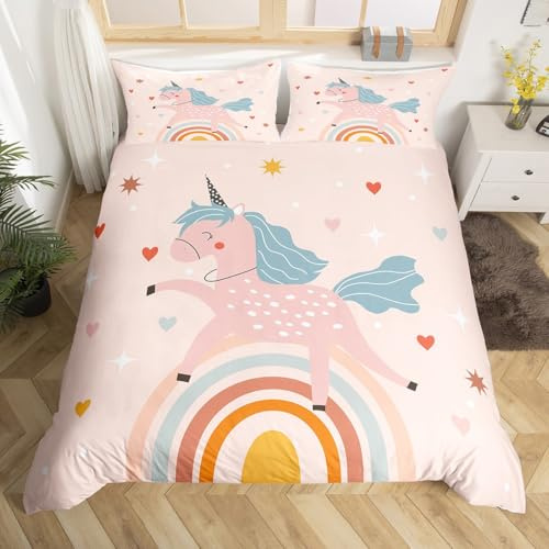 Homemissing Niedliches Einhorn Bettwäsche Set 155x220cm Träumiges Pferd Bettbezug Set für Kinder Jungen Mädchen Dekor Cartoon Einhorn Regenbogen Liebe Herz Bettwäsche-Set Weiche Schlafzimmer Dekor