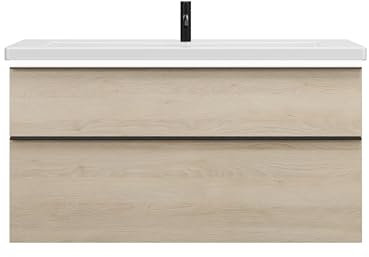 burgbad Eqio Keramik-Waschtisch inklusive Waschtischunterschrank mit LED-Beleuchtung, Breite 1230mm, SEZA123F3180C0001G0252, Farbe: Eiche Dekor Cashmere/Eiche Dekor Cashmere, Griffleiste Schwarz