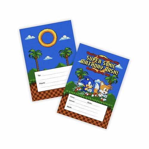 Huxters 14 pcs Blue Hedgehog Video Gaming Birthday Kids' Party Invitations for Boys Game Theme Party Super Sonic invites Childrens Supplies Controller Double-Sided (Blue H)