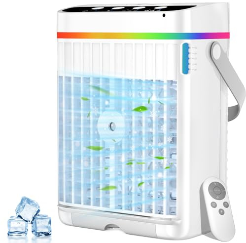 Climatiseur portable, réservoir d'eau de 1 134 g, 3 vitesses du vent et 3 brume froide, minuterie de 1 à 3 heures et 7 lumières LED, petit climatiseur personnel portable pour chambre/bureau