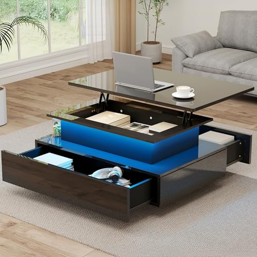 TAUS Couchtisch mit LED und Schublade Für Wohnzimmer, Couchtisch Höhenverstellbar Mit Hochglanz Oberfläche, 55T x 85B x (41-56) H cm