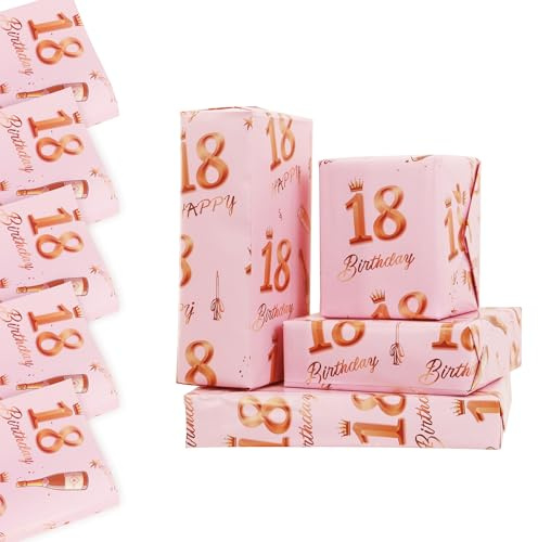 Geschenkpapier zum 18. Geburtstag, 5 Bögen, 70 x 50 cm, Roségold, Rosa, Happy Birthdays, Geschenkpapier für Mädchen und Frauen, Dekorationen zum 18. Geburtstag, recycelbar