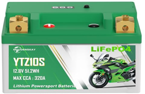 MOUDENSKAY YTZ10S Lithium Motorrad Batterie 12V 4ah CCA320 + Starter | LiFePO4 Technologie,BMS Schutz und Anzeige,kompatibel YTX7A-BS YTZ10S für Motorrad, ATV & UTV,Ultraleicht,Wartungsfrei