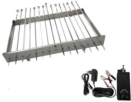 walexo Spießdreher aus Edelstahl mit regelbarem 3 bis 12 Volt Motor 10 Watt inklusive 15 Grillspieße – Verstellbarer Aufsatz für Mangal Grill und andere Modelle