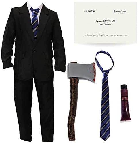 Psycho-Kostüm für Erwachsene, Größe XXL, schwarzer Anzug + blaue Krawatte + blutige Axt + Visitenkarte + Kunstblut – Psycho-Charakter Halloween-Kostüm