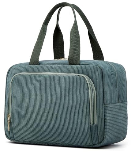 Funtlend Damen Kosmetiktasche Größe (7,8L) - Groß Cord Kulturtasche mit Tragegriff für Makeup,Toilettenartikel,Alltag & Reise(Grün,M)
