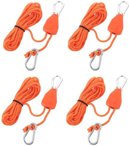 4 SetsRope Ratchets, Heavy Duty Ratchet Ropes, 4 Meter Grow Light Rope Ratchet Hangers, 1/8 inch Adjustable Rope Hangers Pulley for Grow Room Equipment Flowers Plants Outdoor with Carabiners