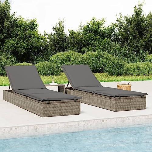 Mandloder 2er Set Sonnenliegen Grau Poly Rattan, verstellbare Relaxliege mit Beistelltisch, witterungsbeständig, Gartenliege Liegestuhl Lounge-Liege für Terrasse Balkon Pool, 201x55cm
