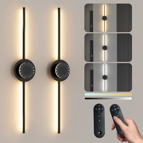2 Stück 74cm LED Wandleuchte Innen Akku, 10000mAh Kabellose Wandlampe | Ohne Stromanschluss, 3 Farbtemperaturen Dimmbar, Schwarze Wandbeleuchtung mit Fernbedienung und Timer für Schlafzimmer