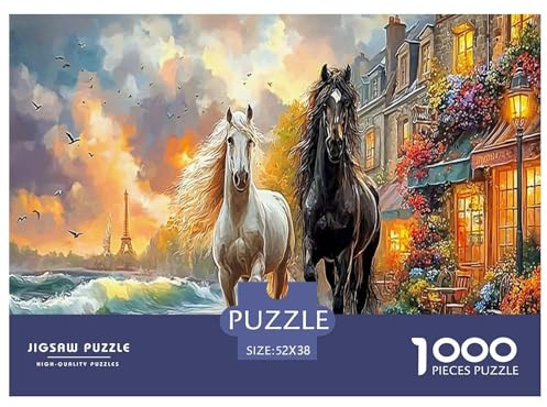Pferde in Paris Puzzle für Erwachsene Weiße und Schwarze Pferde am Fluss Lustiges Geschenk & Beschäftigung für die Wanddekoration 52x38 cm/1000 Teile