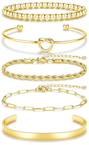 Sweetkiki 5 Pcs Gold Bracelet for Women, Dainty 14K Gold Plated Stainless Steel Chunky Cuff Bracelet Bangles Stack Set Waterproof Adjustable Bead Paperclip Twist Rope Hand Chain Jewellery for Women