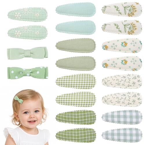 Fohuanky Baby Haarspangen Set 20 Stück, Haarclips Mädchen, Stoff Haarspangen Kinder mit Blumen & süßen Mustern (Grün)