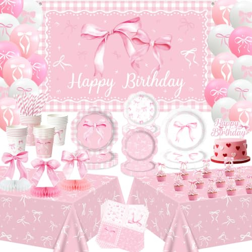 Decorazioni di compleanno con fiocco rosa, decorazioni per feste con fiocco, piatti, tazze, tovaglioli, tovaglia per feste, sfondo di buon compleanno, palloncini, centrotavola, topper per torte per