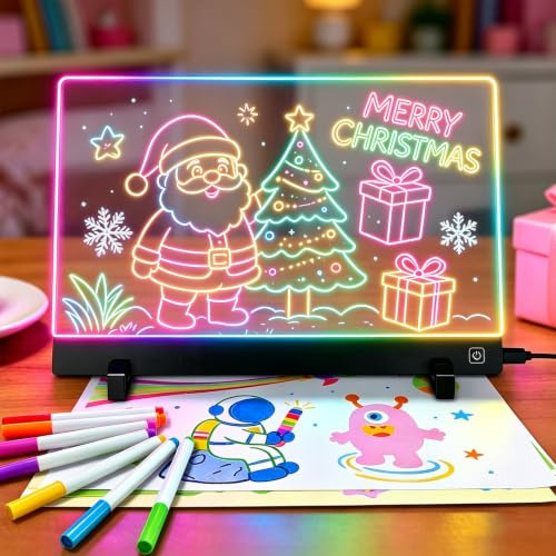 Smocraut LED Notiztafel 30 x 20 cm, Leuchtendes Acryl Zeichenbrett | 7 Farben & 4 Lichtmodi, 14 Markern, 5 Vorlagen und Ständer, Wiederverwendbares LED Message Board für Zuhause, Büro & Geschäft