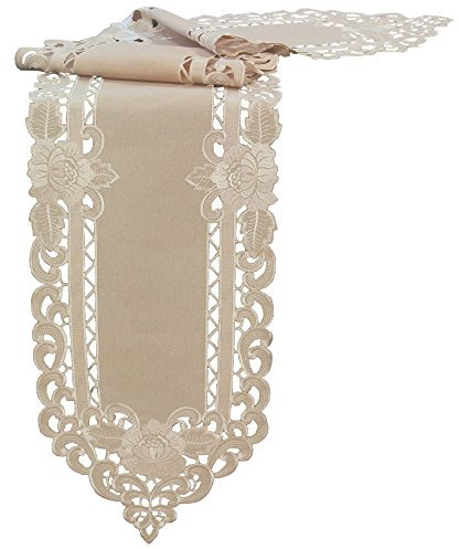 Quinnyshop Weiße Blumen Durchbruchsstickerei Tischläufer ca. 30 x 160 cm Zugespitzt Leinen-Optik, Beige