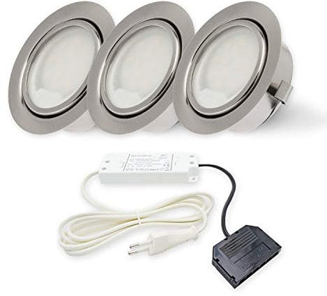 Rolux LED Einbauleuchte DF-9251B-2, 3er-Set inkl. LED-Trafo, 2,5W ersetzt 20W Halogen, matt-chrom, Bohrloch 55–60mm, 10–20V AC/DC Multivolt, warmweiß 3000K, ultra-flach, austauschbares G4-Leuchtmittel