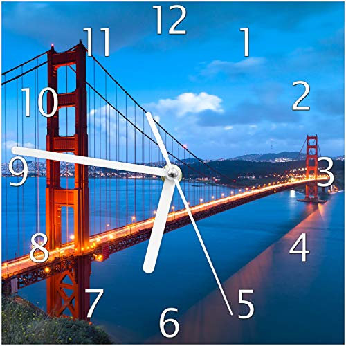 Wallario Design-Wanduhr Golden Gate Bridge in San Francisco USA aus Glas, Motiv-Uhr Größe 20 x 20 cm, weiße Zeiger