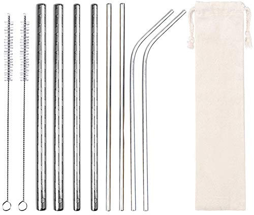 AF-WAN Lot de 8 Pailles en Métal Réutilisables - Métal Acier Inox Pailles Larges - Grande Paille de Smoothies de Boba des Brosses - pour les Milks-Shakes Bubble Tea