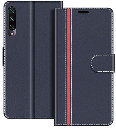 COODIO Custodia in Pelle per Xiaomi Mi A3, Cover a Libro Magnetica Portafoglio per Xiaomi Mi A3, Blu Scuro/Rosso