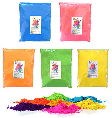 h2i Holi Color Powder | Holi Pulver | buntes Farbpulver zum Werfen | 5 leuchtende Farben | für Festivals, Partys, Baby-Shower, Fotoshootings, Foto-Fun & Action | Farbbeutel | 5 x 1000 gr (5000 gr)