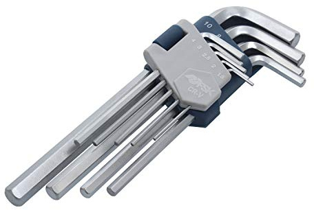 Ferrestock FSKALN002 Set mit 9 langen Inbusn aus Chrom-Vanadium-Stahl (CR-V) mit einem Winkel von 90 Grad, Haken aus Kunststoff mit den Maßen jedes Schlüssels