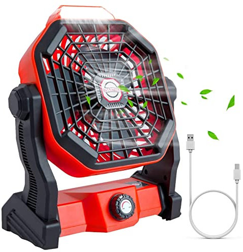 ERAVSOW Ventilatore portatile da campeggio, ricaricabile tramite USB, con luce e gancio, ventilatore alimentato a batteria, per esterni, casa, ufficio, tenda, scrivania, viaggi (rosso)