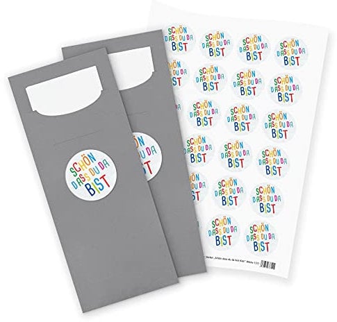 itenga 24x Bestecktaschen GRAU Schön dass du da bist Kids Pochetten inkl. Serviette und Sticker Aufkleber Tischdeko Einweggeschirr