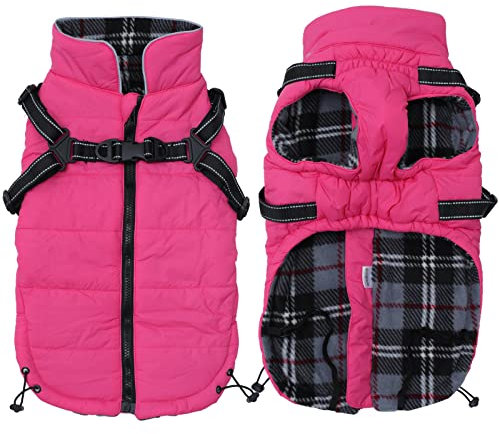 MOREZI Winterhundejacke, wasserdichte Außenschicht, Fleecefutter, Rückenreißverschluss-Design, mit reflektierenden Streifen und Riemen, geeignet für kleine und mittelgroße Hunde-Pink-L