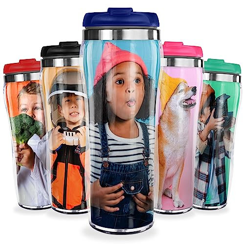 Pixly® Personalised Custom Photo Thermal Travel Mug - 400ml/14oz Capacity - Stainless Steel Coffee Tea Flask with Picture - Black, Red, Blue, Pink (Blue)