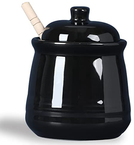 LEETOYI Honigglas aus Keramik mit Deckel und Dipper, Honigtopf für Küche, 340 ml, Schwarz