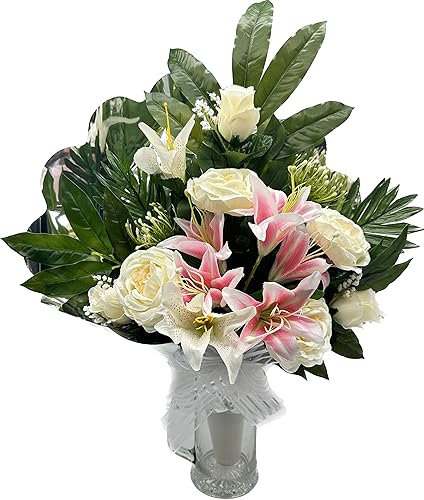 PLUS HOME Ramo para Cementerio de Flores Artificiales de Tela para Todos los Santos Medida 71cm.ENCARADO PEONIA Lily Blanco Ramo Lilium