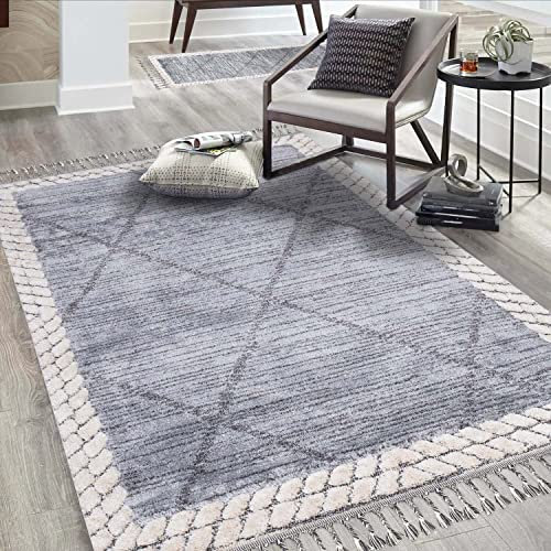 carpet city Teppich Wohnzimmer Boho-Stil Graublau, Creme - 200x290 cm - Raute-Bordüren-Look - Relief-Optik, 3D-Effekt - Cut-&Loop, Sisal - Moderne Fransen-Teppiche Schlafzimmer