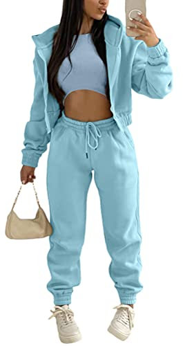 Onsoyours 3 Stücke Damen Sportanzüge Jogginganzug Sport Sets Yoga Outfit Freizeitanzug Sportswear Langarm Kapuzenjacke + Crop Top + Jogginghose mit Taschen Blau XS