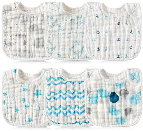 GROBRO7 6Pcs Linie Baby Snap Lätzchen Baumwolle Bibs Newborn Sabberlätzchen mit verstellbaren Druckknöpfen für Kleinkind Zahnen, weiche saugfähige Baby Geschenke, Maschine waschbar (0-36 Monate)